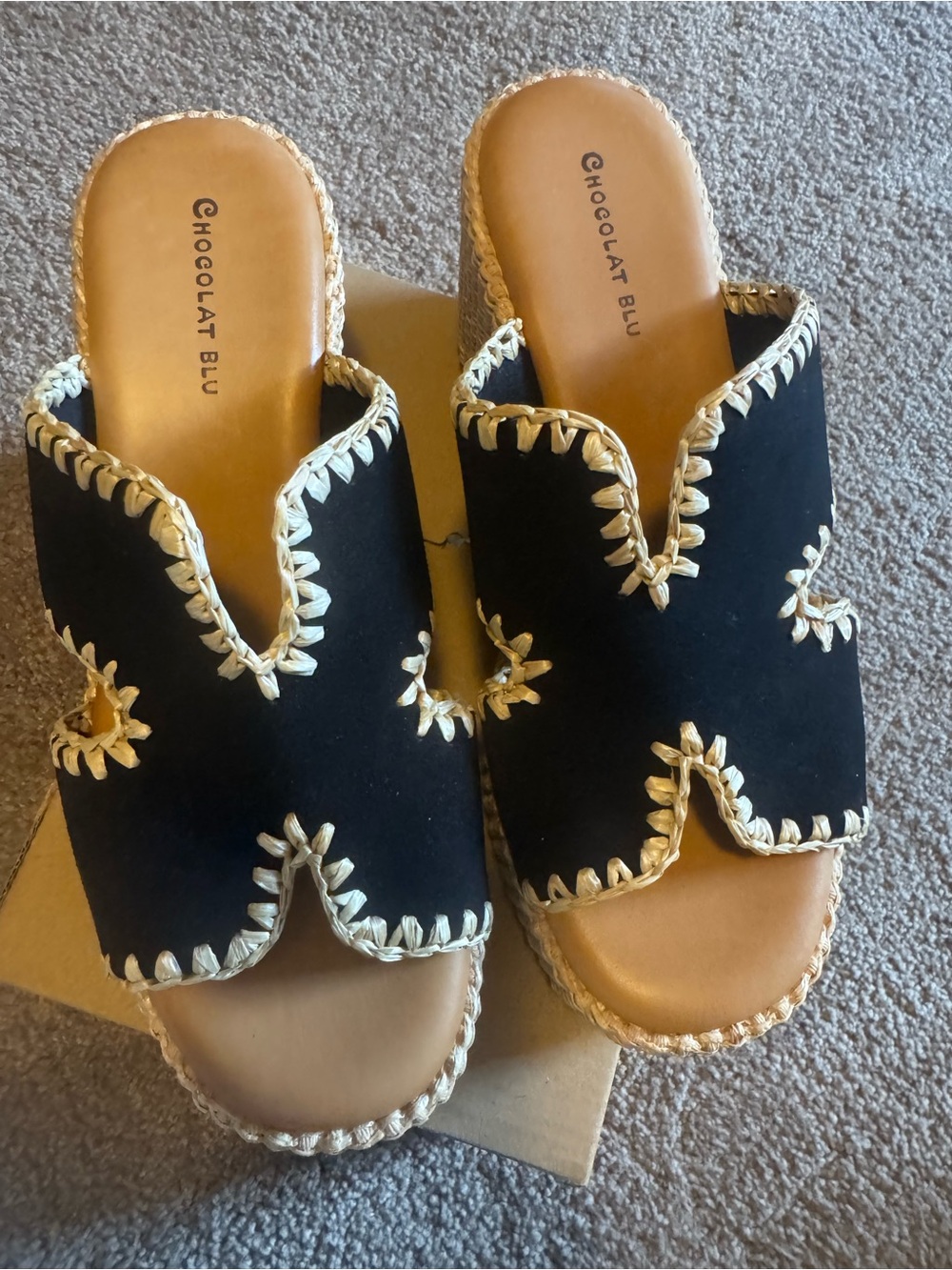 Chocolat Blu Black Suede Slip-On Mules with Cream Whipstitch
